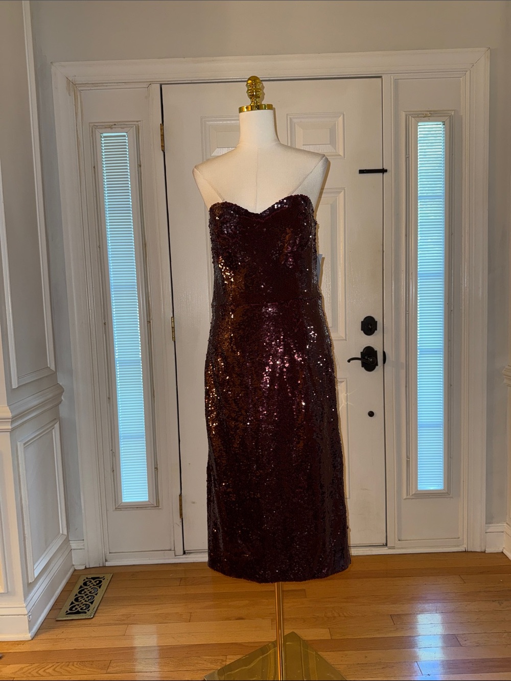 Dress the Population Strapless Sequin Midi Dress in Burgundy
